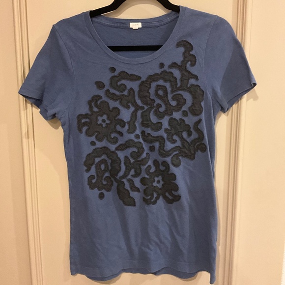 J.Crew Blue Cotton Tee Shirt with Black Silk Trim Short Sleeve Crew Size Medium - Picture 1 of 9